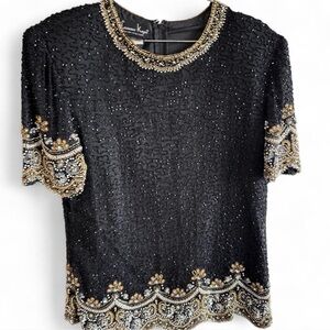 Laurence Kazar Black Beaded Short Sleeve Top with Gold & Silver Embellishment